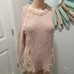 Shrinking Violet Women's Size M Cream Fringe Distressed Boho Sweater